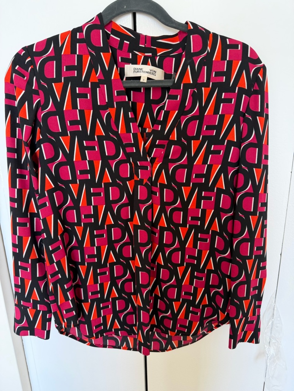 Diane Von Furstenberg Blouse with Black, Pink & Orange Geometric Logo Print